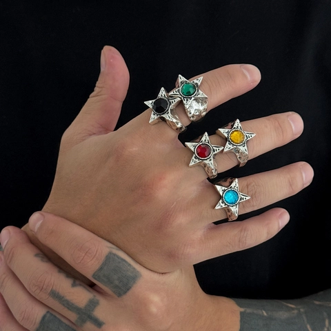 Vintage Punk Pentagram Star Ring Alloy Rhinestone Distressed Retro Antique Silver Hip Hop Rock Men Adjustable Band Jewelry