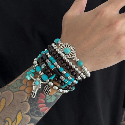 Bracciale Boho Multistrato con Perline per Uomo Ciondolo Testa di Toro Foglia in Lega Turchese Artificiale Legno Gioielli
