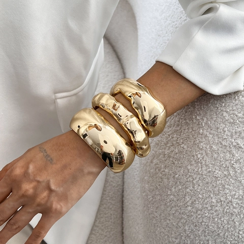 Brazalete De Aleación Dorado Irregular Para Mujeres Minimalista Robusto Arte Moderno Joyería Pulida