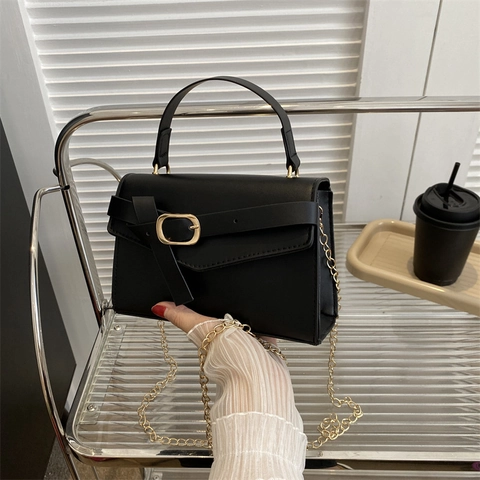 Damen Mode PU Leder Schultertasche Kette Kleine Quadratische Umhängetasche Minimalistische Gürtelschnalle Dekoration Handtasche Alltag