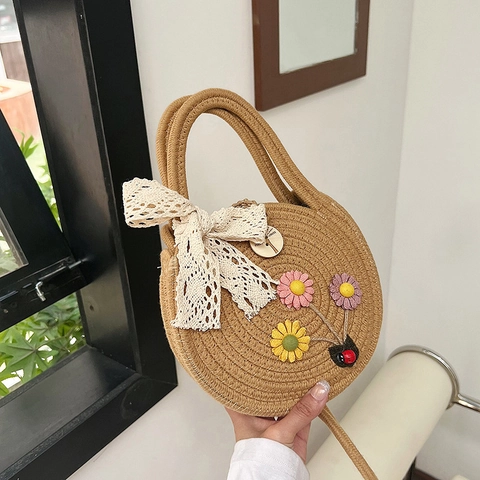 Woven Straw Round Shoulder Bag With Flower Lace Bow Mori Style Pastoral Handbag Crossbody Bag For Women Vacation Travel