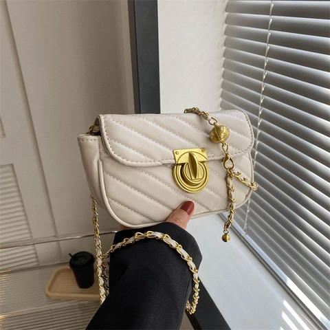 Sac À Bandoulière Matelassé Pour Femme Cuir PU Motif Chevron Chaîne Dorée Boule Réglable Serrure Métallique Mode Sac À Main