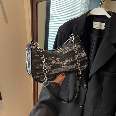 Damen Denim Schultertasche Distressed Hobo Bag Mit Metallkette Street Style Lässige Handtasche Vintage Retro