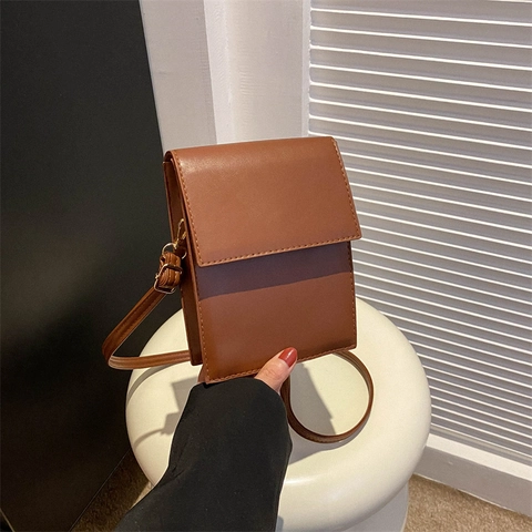 Bolso Bandolera Minimalista de Cuero PU para Mujer Bolso para Móvil Pequeño Cuadrado de Color Sólido Con Solapa y Correa Única