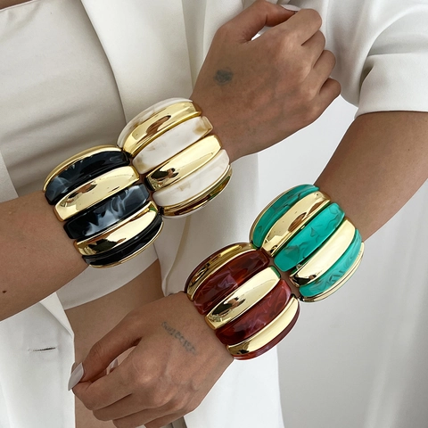 Chunky Wide Spliced Bracelet Resin And Gold Tone Metal Marble Texture Elastic Bangle Women Retro Geometric Style