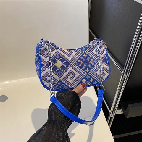 Vintage Ethnic Geometric Woven Underarm Bag Women Canvas PU Leather Patchwork Shoulder Bag Metal Chain Hobo Bag