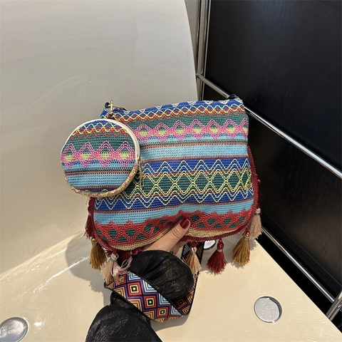 Ensemble Sac à Épaule Tissé Ethnique Bohème pour Femme Avec Glands Porte-Monnaie Rond Motif Géométrique Large Bandoulière