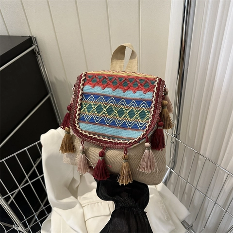Zaino Etnico Bohemien Ricamato per Donna Vintage Motivo Geometrico Nappine Tela Viaggio Piccolo Zainetto Borsa da Scuola