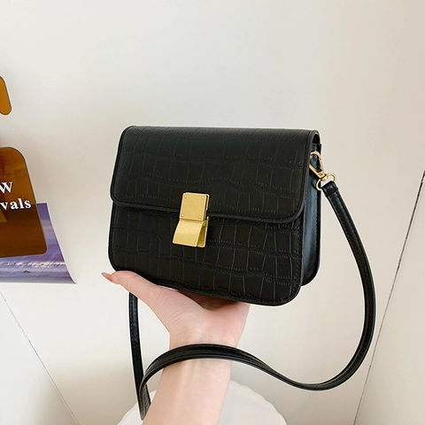 Croc Embossed PU Leather Crossbody Bag Vintage Square Shoulder Bag With Golden Lock Clasp Elegant Handbag For Women