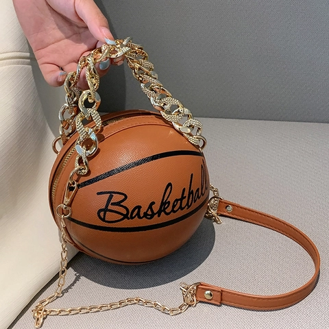 Bolso de Hombro de Mujer con Forma de Baloncesto de Cuero PU con Cadena Bolso Bandolera Redondo Deportivo Creativo Mini Bolso de Mano