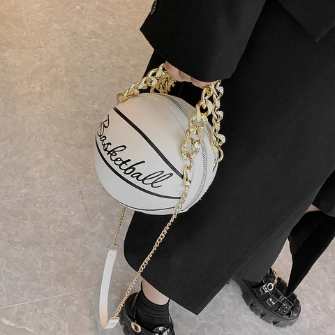 Bolso de Hombro de Mujer con Forma de Baloncesto de Cuero PU con Cadena Bolso Bandolera Redondo Deportivo Creativo Mini Bolso de Mano