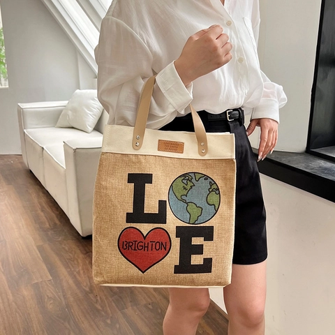 Love Brighton Print Tote Bag Jute Leinwand Spleißen Große Kapazität Leichte Handtasche Lässige Street Fashion Für Damen