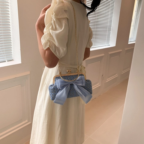 Sac à Main Élégant en Tweed avec Noeud pour Femme Vintage Fermoir Kiss Lock Bandoulière Chaîne Style Français Sac de Soirée Fête