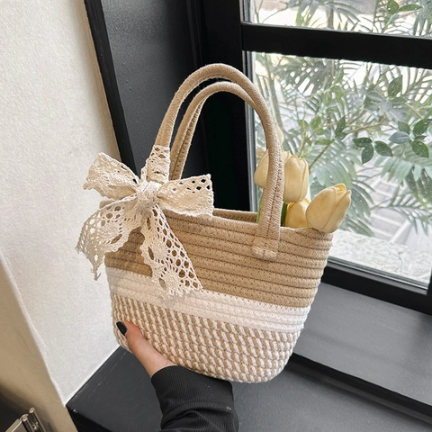 Borsa a Secchiello Intrecciata a Quadretti da Donna Fatta a Mano in Corda di Cotone Con Fiocco in Pizzo Grande Capacità Stile Pastorale