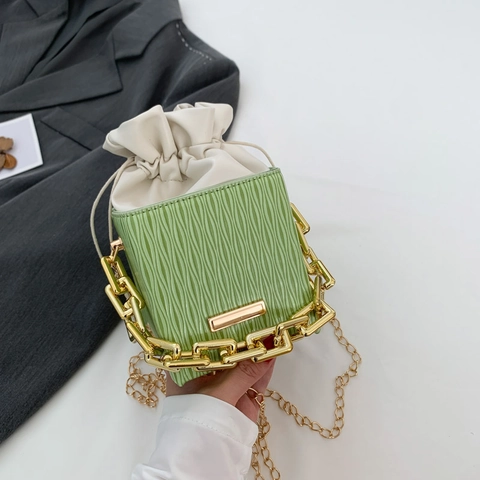 Women Mini Square Bucket Bag PU Leather Ripple Texture Drawstring Closure Chunky Gold Chain Crossbody Shoulder Bag Fashion