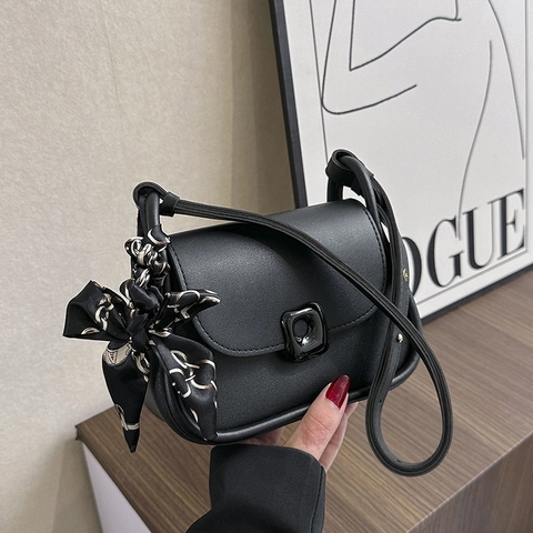 Bolso Bandolera de Moda Coreana para Mujer Cuero PU Color en Contraste Bolso de Hombro Cuadrado Pequeño Con Pañuelo de Satén Decorativo