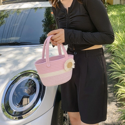 Women's Casual Woven Cotton Rope Bucket Bag Sweet Satin Bow Daisy Flower Striped Shoulder Bag Vacation Beach Tote Handbag