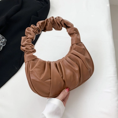 Borsa a Mano a Mezzaluna Arricciata da Donna in Pelle PU Borsa a Tracolla Minimalista Tinta Unita Casual Versatile Baguette