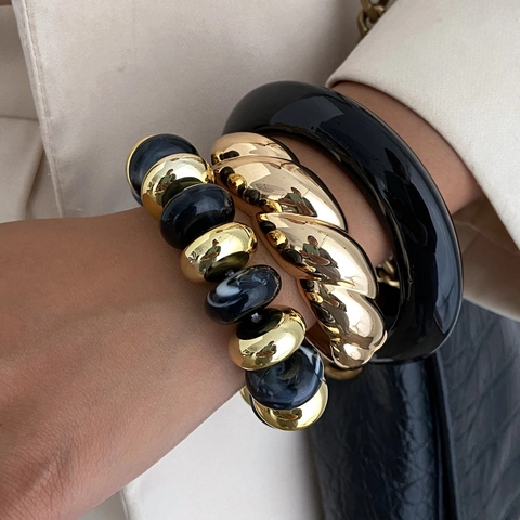 Dikke Bangle Armband Voor Dames Hars Marmerpatroon Onregelmatig Goud Gedraaid Metaal Retro Mode Sieraden Accessoire