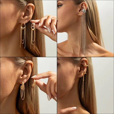 Minimalistische Lange Quasten Ohrringe Für Damen Legierung Kupferkette Drop Ear Cuffs Schicker Geometrischer Schmuck