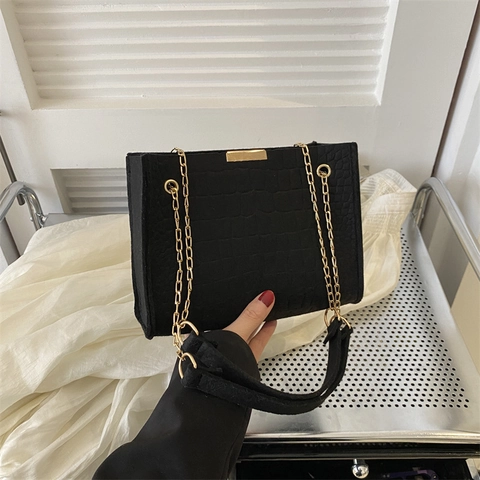 Crocodile Embossed Felt Shoulder Bag Gold Chain Strap Small Square Box Casual Crossbody Bag For Women