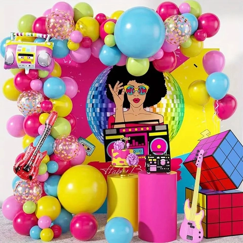 Retro Disco Musik Thema Party Ballon Girlande Arrangement Mit Radio Gitarre Aluminiumfolie Latex Ballons Bunte Geburtstag Deko