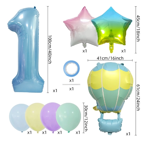 Ballons en Latex et Aluminium en Forme de Montgolfière Macaron Décorations de Fête d'Anniversaire Étoile Dégradée Nombre pour Enfants