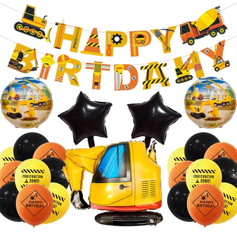 Construction Vehicle Theme Birthday Party Decorations Aluminum Foil Latex Balloons Happy Birthday Banner Excavator Crane Kids