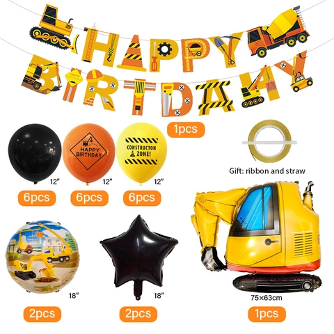 Construction Vehicle Theme Birthday Party Decorations Aluminum Foil Latex Balloons Happy Birthday Banner Excavator Crane Kids