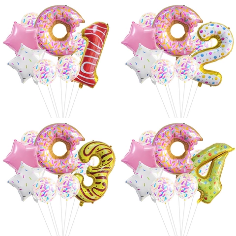 Donut Theme Birthday Party Decoration Aluminum Foil Large Number Star Balloons Colorful Confetti Latex Dessert Atmosphere Decor
