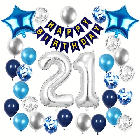 21 Geburtstag Dekoration Silber Blau Ballon Set Mit Alles Gute Zum Geburtstag Banner Foliensterne Latex Konfetti Ballons