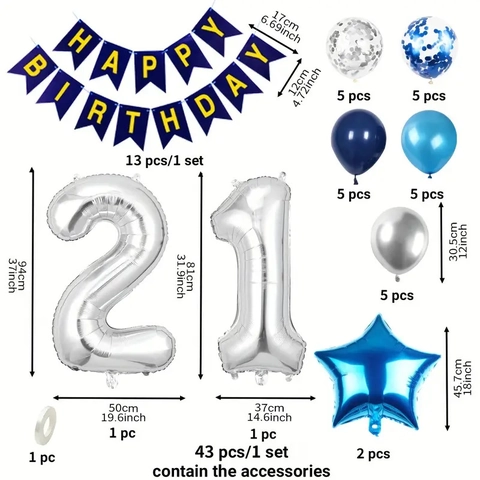21 Geburtstag Dekoration Silber Blau Ballon Set Mit Alles Gute Zum Geburtstag Banner Foliensterne Latex Konfetti Ballons