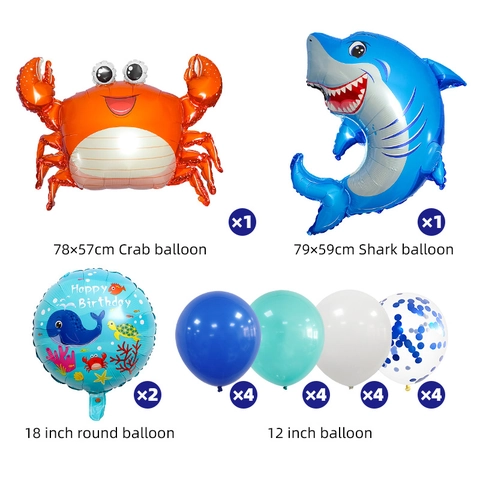 Ocean Animal Theme Birthday Party Decoration With Shark Crab Aluminum Foil Balloons And Colorful Confetti Latex Balloons