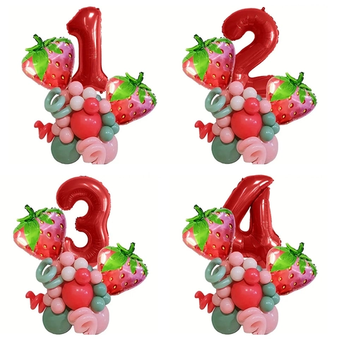 Erdbeere Thema Rote Nummer Geburtstag Party Ballon Set Aluminiumfolie Latex Dekorative Säule Für Kinder Feier