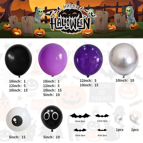Halloween Ballon Bogen Girlande Lila Schwarz Augapfel Fledermaus Abschlussfeier Party Latex Aluminiumfolie Deko Zubehör