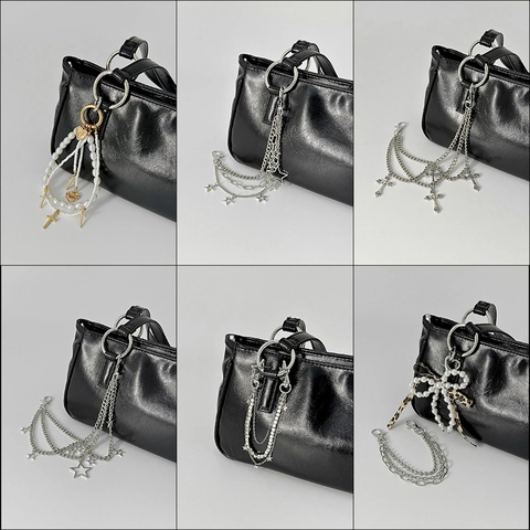 Punk Y2K Llaveros De Aleación Para Bolsos Con Perlas Artificiales Cruz Estrella Lazo Cinta Cadenas De Pantalones De Varias Capas Mujer