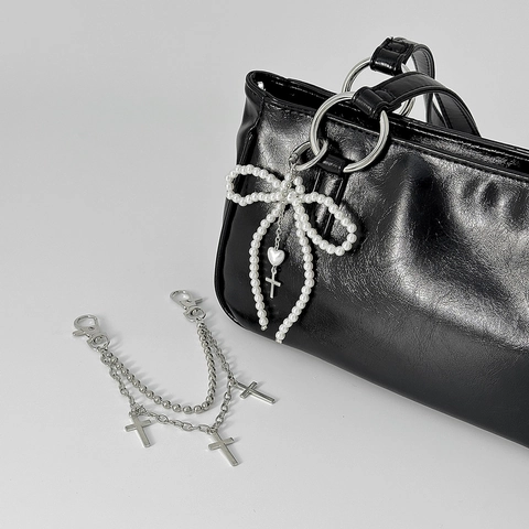 Punk Y2K Llaveros De Aleación Para Bolsos Con Perlas Artificiales Cruz Estrella Lazo Cinta Cadenas De Pantalones De Varias Capas Mujer