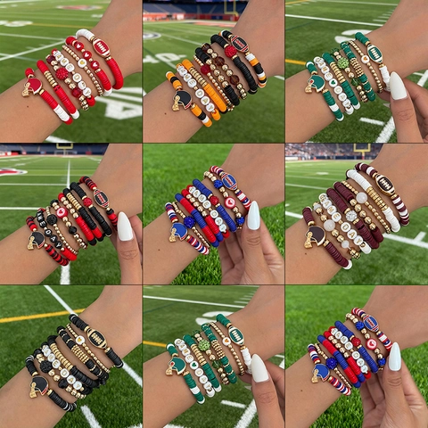 Bracelets Thème Football Américain Perles Argile Polymère Pendants Alliage Game Day Bijoux Fans Sport