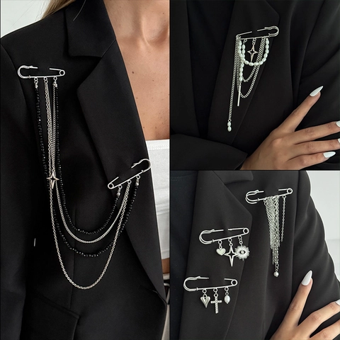 Vintage Punk Safety Pin Brooch For Women Alloy Metal Chain Tassel Star Heart Cross Faux Artificial Pearl Crystal Clothing Decoration Accessory