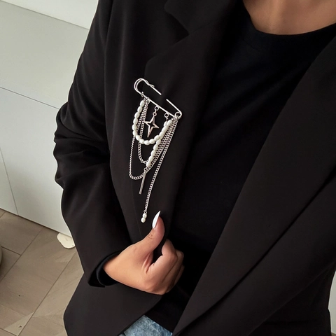 Europäische Ins Stil Mehrschichtige Ketten Quasten Brosche Mit Imitation Künstliche Perlen Stern Anhänger Sicherheitsnadel Für Jeans Damen Schmuck