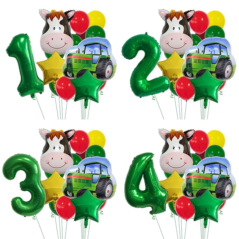 Farm Theme Birthday Balloon Bundle Green Number 1 Cow Tractor Foil Latex Balloons Kids Party Decoration