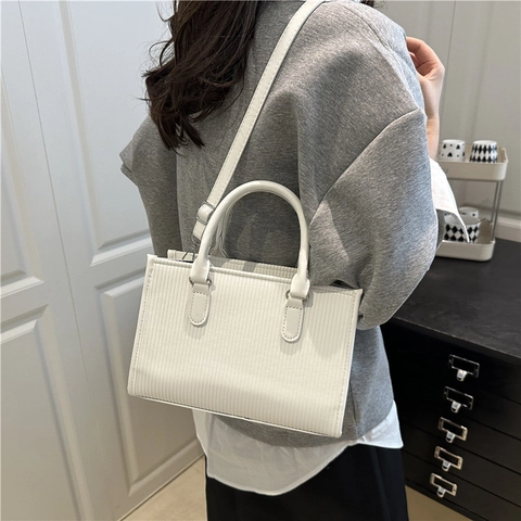 Women Handbag PU Leather Vertical Stripe Texture Shoulder Crossbody Bag Top Handle Simple Commuter Style