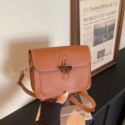 Retro PU Leather Shoulder Bag For Women Contrast Stitching Toggle Closure Small Square Crossbody Bag Fashion Daily Bag