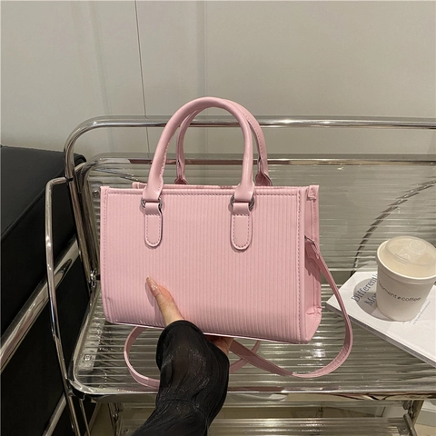 Women Handbag PU Leather Vertical Stripe Texture Shoulder Crossbody Bag Top Handle Simple Commuter Style