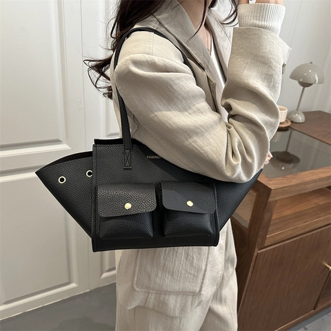 Borsa Tote Grande Da Donna Pelle PU Grana Litchi Tasche Frontali Con Patta Design Ala Borsa Da Pendolare Elegante