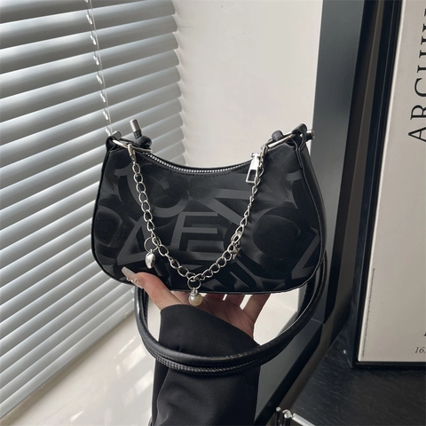 Women Stylish PU Hobo Crossbody Bag Abstract Letter Print Metal Chain Artificial Pearl Charm Knotted Strap Commuter Bag