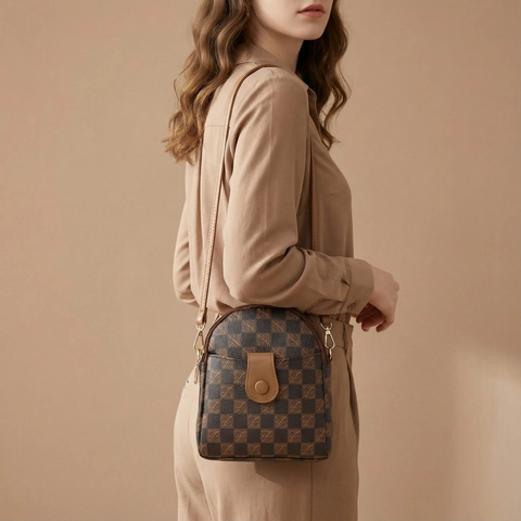 Vintage Geblokte Print Mini Crossbody Tas PU Leer Telefoontasje Dubbele Rits Mode Verticale Dames Schoudertas