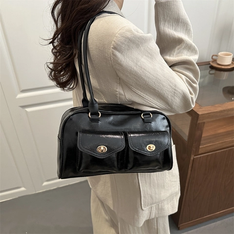 Borsa Sottobraccio in Pelle PU Vintage Donna Lucida Doppie Tasche Chiusura in Metallo Borsa Rettangolare da Pendolare Quotidiana