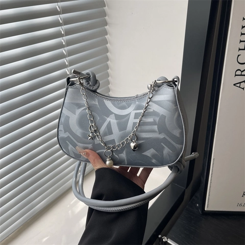 Trendy Women Letter Print PU Hobo Bag With Metal Chain Artificial Pearl Heart Charms Versatile Street Style Crossbody Bag