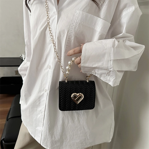 Vintage Woven Mini Shoulder Bag For Women PU Leather Heart Lock Artificial Pearl Handle Chain Crossbody Small Square Bag Elegant
